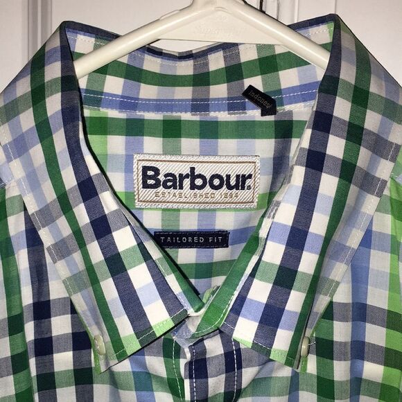 Barbour Blue Green Gingham Check Tailored Fit pocket Plaid Field SS Shirt L USA - Picture 1 of 4